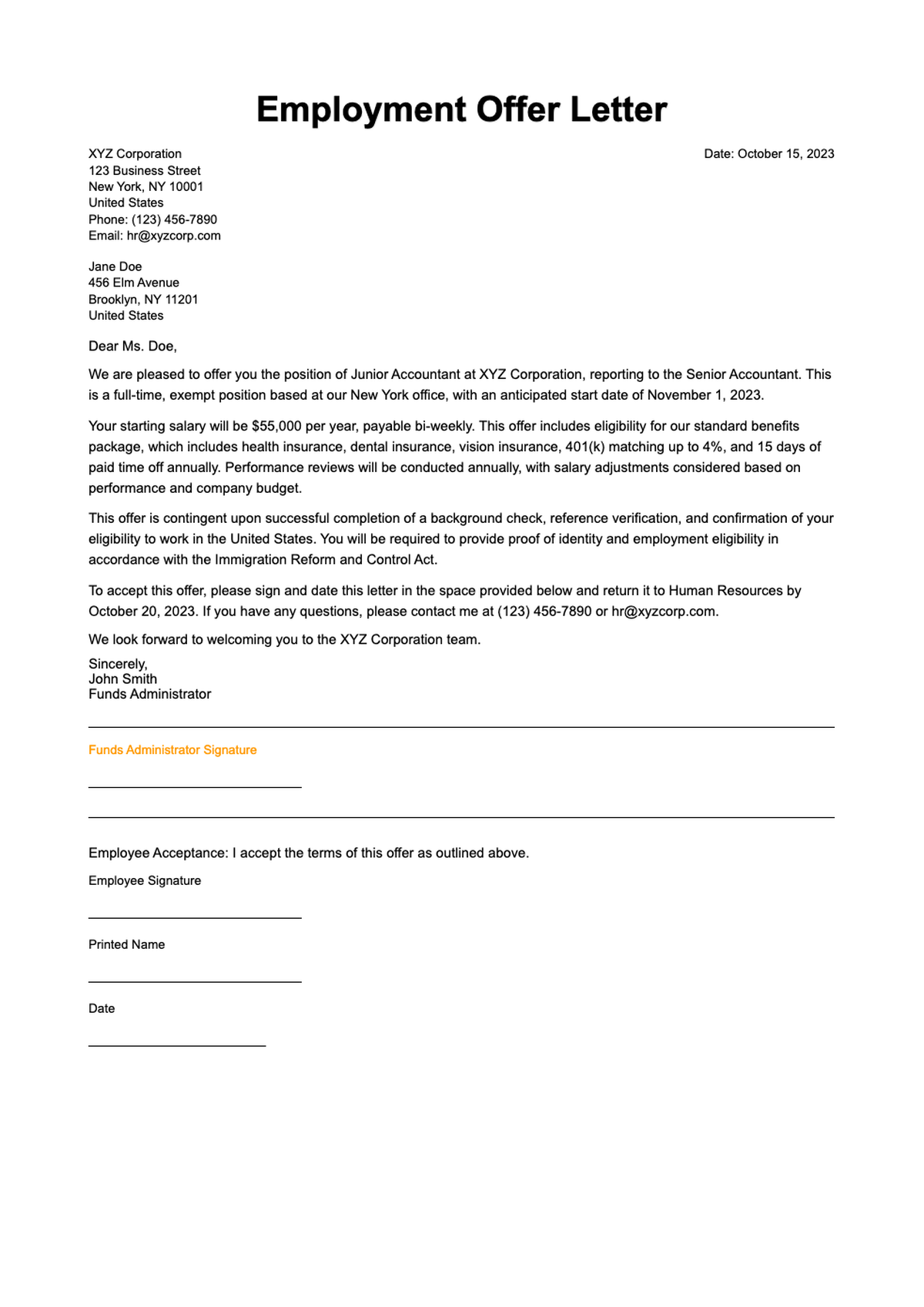 Sample job offer letter for support worker position with fillable fields_variant_1